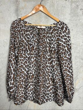 Tory Burch Brown and Cream Silk Leopard Print Peasant Blouse